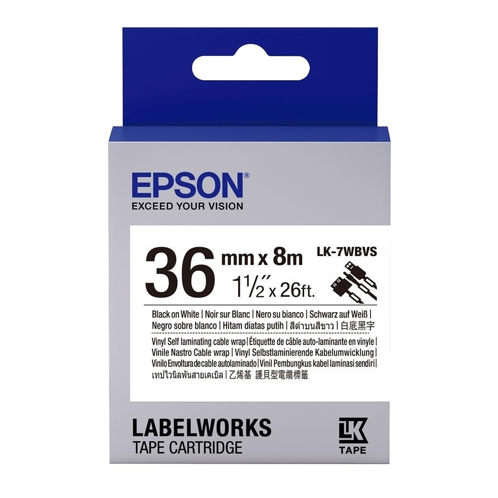EpsonEpson LK-7WBVS Kendinden Laminasyonlu Kablo Giydirme Beyaz Üzeri Siyah 36mm 8Metre Etiket8715946670027