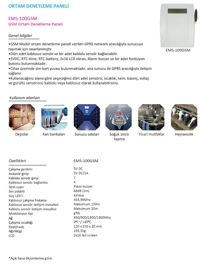 eSenseeSense EMS-100GSM GSM Ortam İzleme Paneli (Sıcaklık, Nem, Basınç, Voltaj ve Gürültü) /  KabloluEMS-100GSM