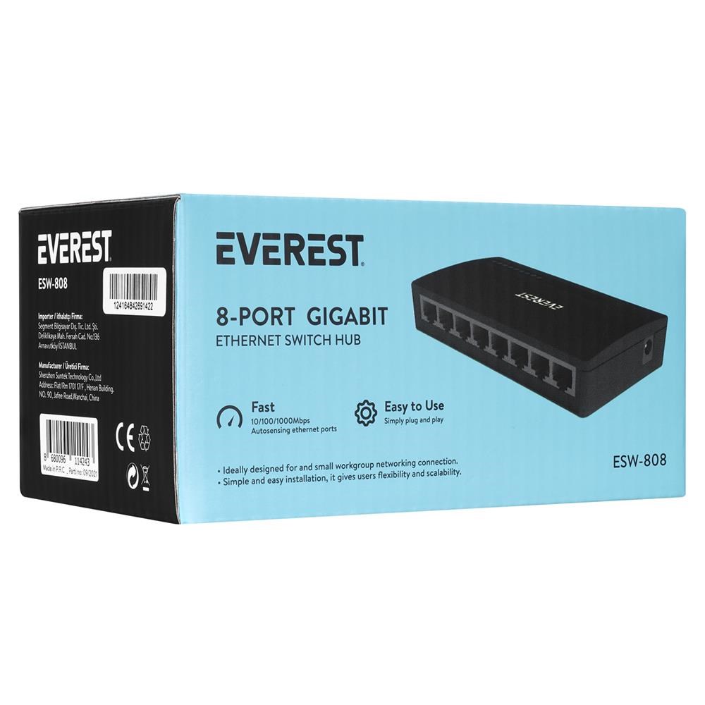 EVERESTEverest EVERLINK ESW-808 8 Port 10-100-1000Mbps Gigabit Ethernet Masaüstü Ethernet Switch Hub8680096114243