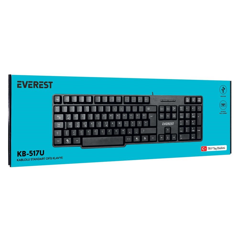 EVERESTEverest KB-517UF Siyah USB F 2mt Kablo Uzunluğu Standart Klavye8680096136801