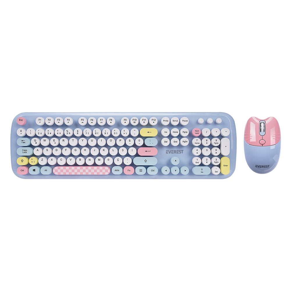 EVERESTEverest KM-6284 WHISKER Renkli Tuşlu Mavi Kablosuz Q Klavye + Mouse Set8680096128639