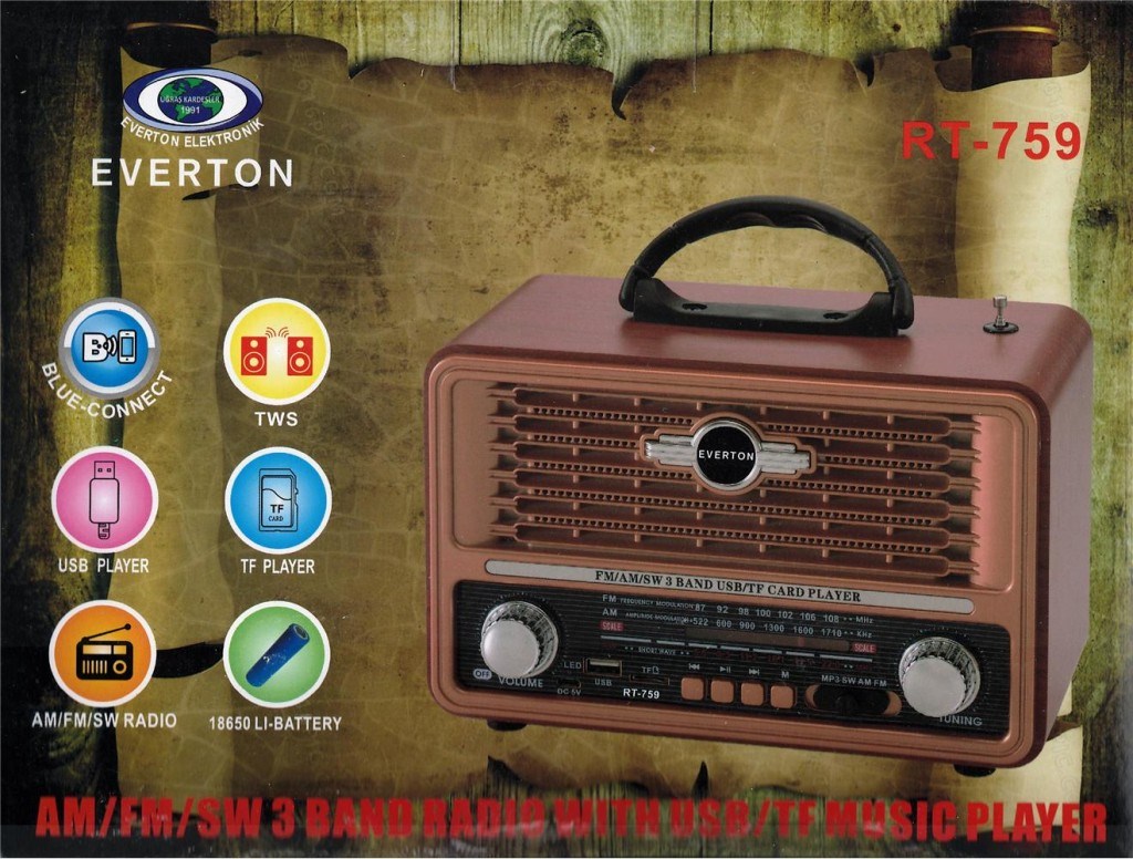 EVERTONEverton Rt-759  Bluetooth Fm-Usb-Tf-Aux Solarlı  Şarjlı Nostaljik Radyo7453026377596