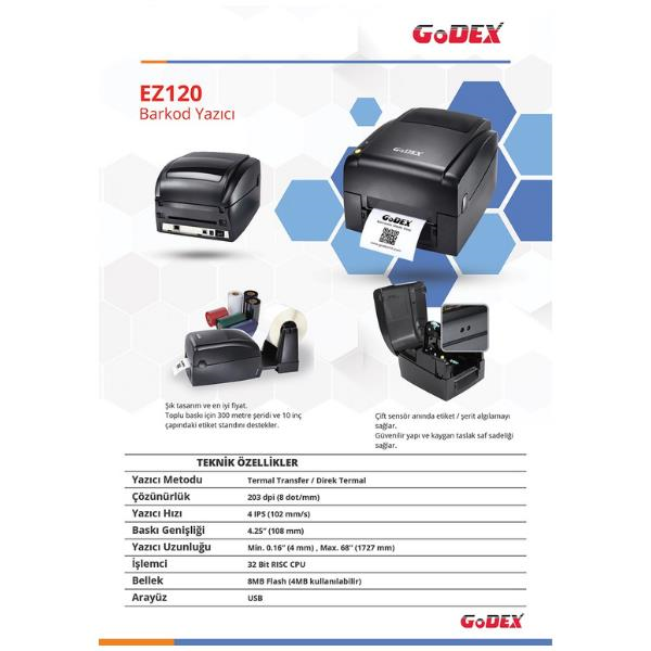 GODEXGodex EZ120 Termal Transfer Masaüstü Barkod Yazıcı 203 dpi 4 IPS USBEZ120 