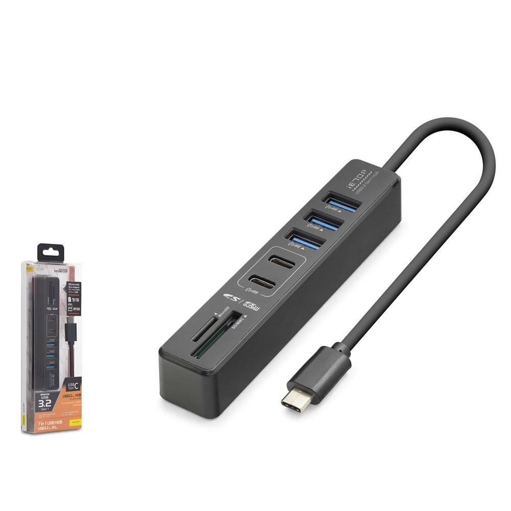 NODARHadron HDX7061 İetop Type-C Hub 5Gbps 2x Usb-C 3.2+3x Usb-A 3.2+SD+microSD 7 Port Kart Okuyucu Siyah8680469046973