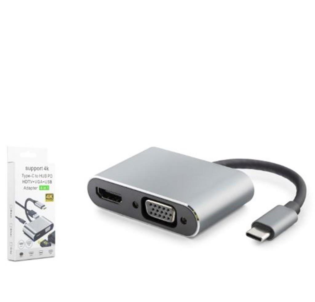 HADRONHADRON HDX7839 TYPE-C TO HUB HDTV 4K 30HZ + TYPE-C + USB + VGA 4IN1 GRİ8680469040551