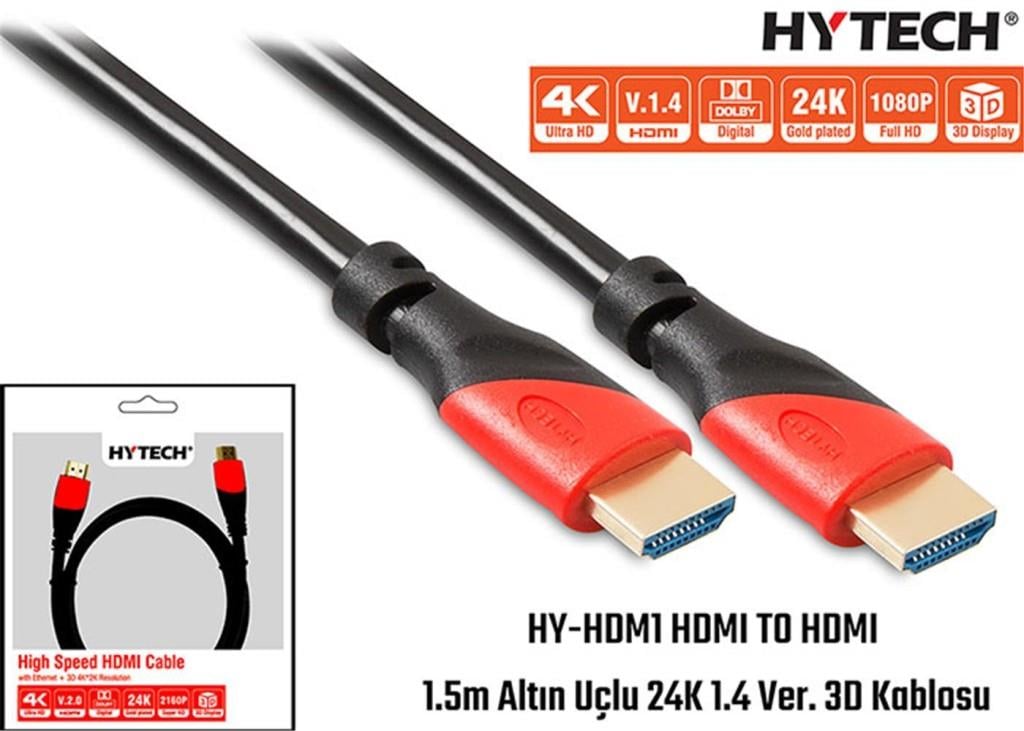 HYTECHHytech HY-HDM1 HDMI TO HDMI 1.5m Altın Uçlu 24K 1.4 Ver. 3D Kablosu8680096061042