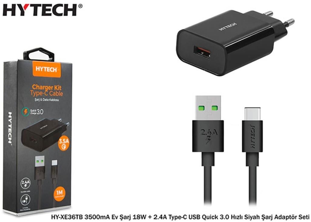 HYTECHHytech HY-XE36TB 3500mA Ev Şarj 18W + 2.4A Type-C USB Quick 3.0 Hızlı Siyah Şarj Adaptör Seti8680096094897
