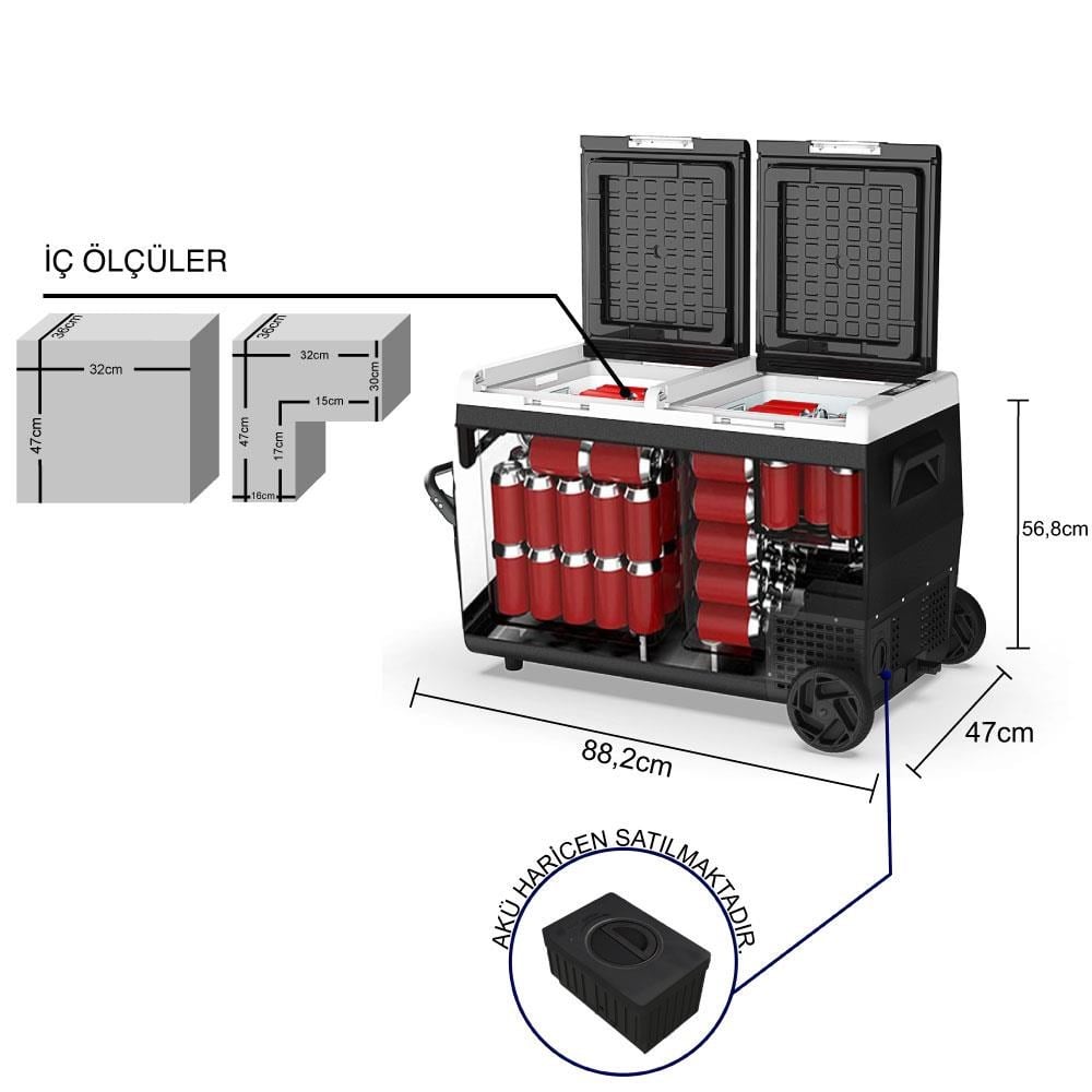 ICECOICECO K95D 12/24Volt 95Lt Akülü/Kablolu/ Çift Bölmeli Kompresörlü Outdoor Oto Buzdolabı/Dondurucu (Akü Dahil Değildir)K95D