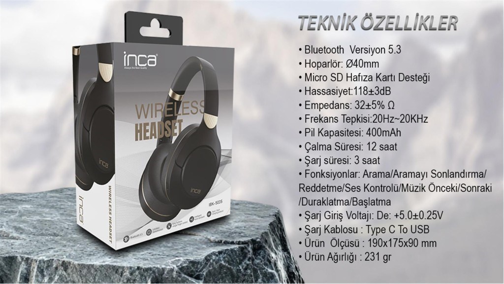 INCAInca IBK-503S Siyah 5.3 Bluetooth Wireless Kulaklık Micro Sd Kulaklık 400mah Type-c To USB8681949015182