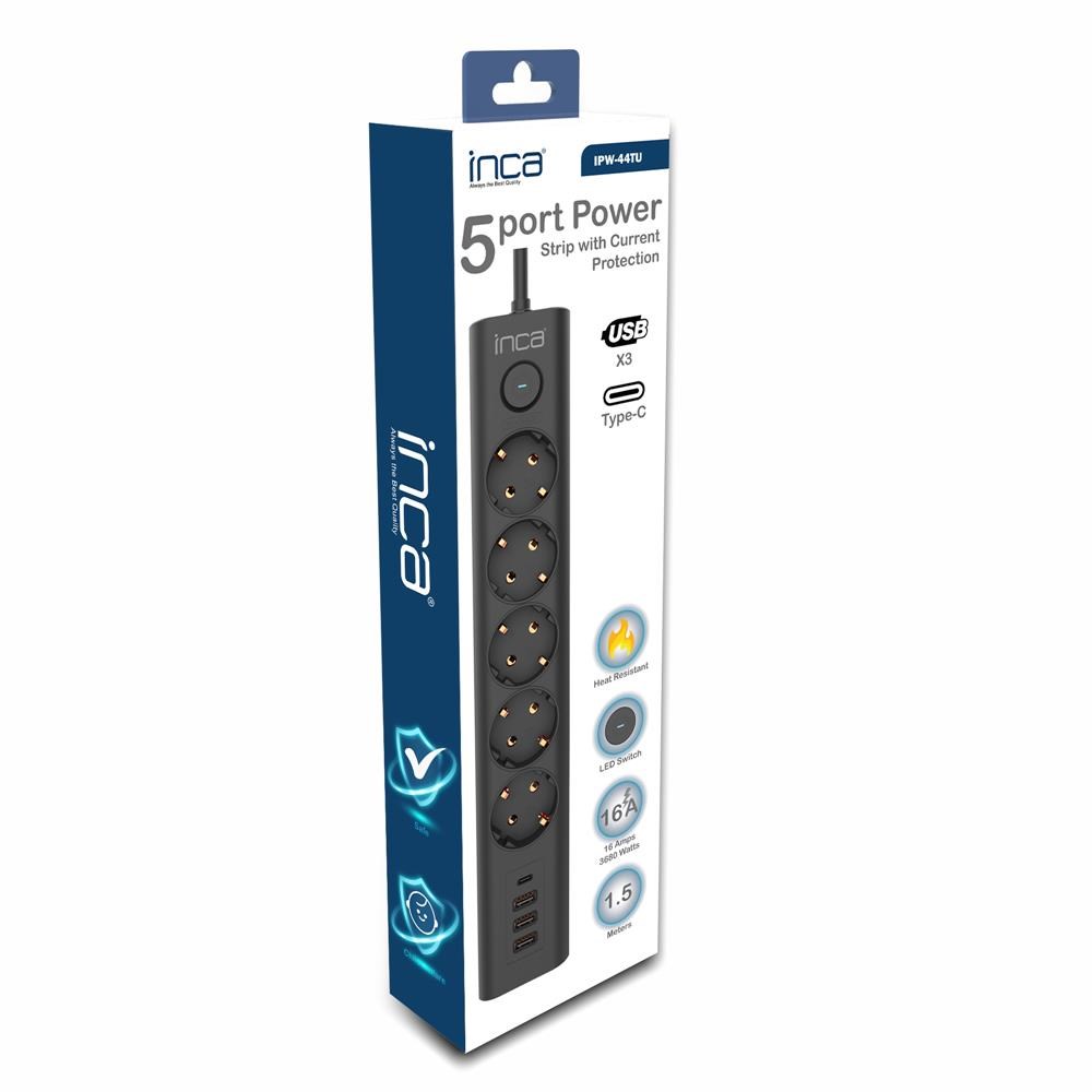 INCAINCA IPW-44TU 5li 1,5mt Siyah 3Usb+Typ-C Akım Korumalı  Led Tuşlu Priz8681949014178