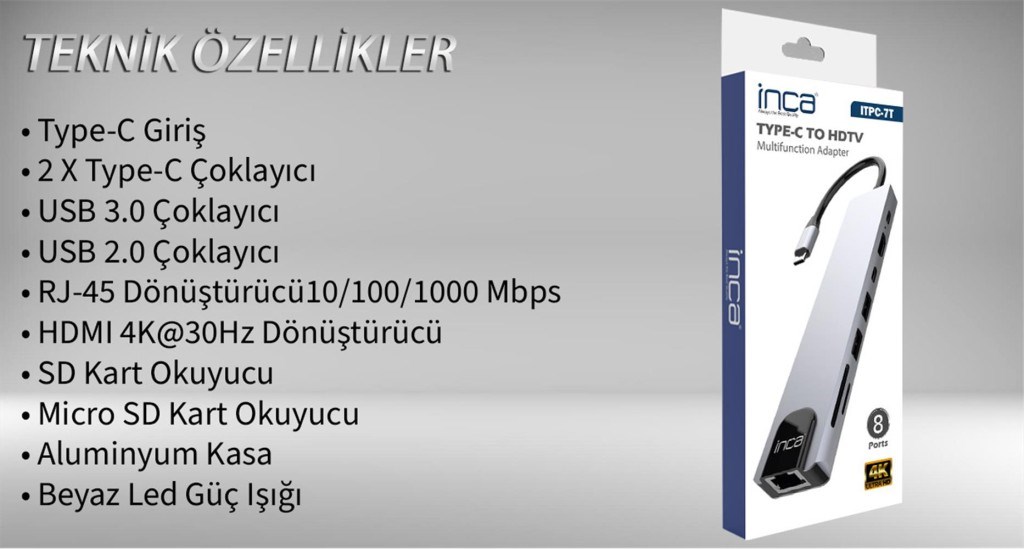 INCAInca ITPC-7T Type-C Giriş 2XType-C Çoklayıcı RJ-45 HDMI 4K@30 USB 3.0 Çoklayıcı Micro SD Kart8681949016295