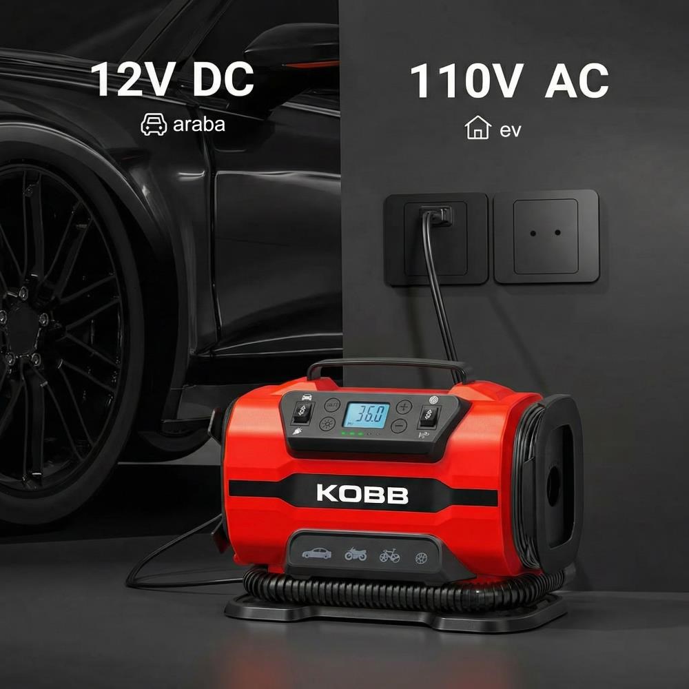 KOBBKOBB KB301 12Volt 220Volt 150 PSI Ayarlanabilir Dijital Basınç Göstergeli Lastik ve Yatak Şişirme PompasıKB301