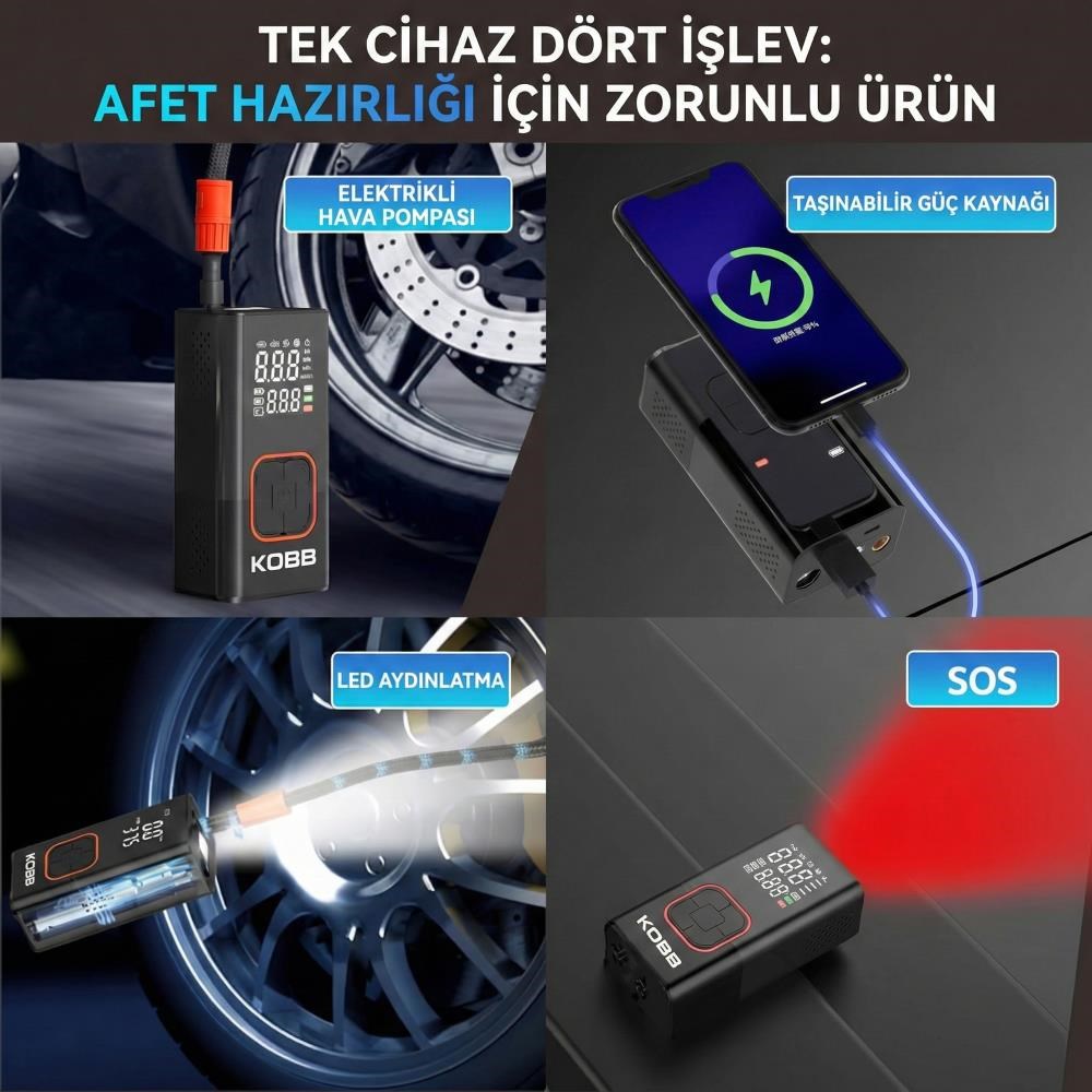 KOBBKOBB KB412 Li-ion Şarjlı 150 PSI Dijital Göstergeli Akıllı Lastik Şişirme Pompası+ Powerbank + SOS + Led LambaKB412
