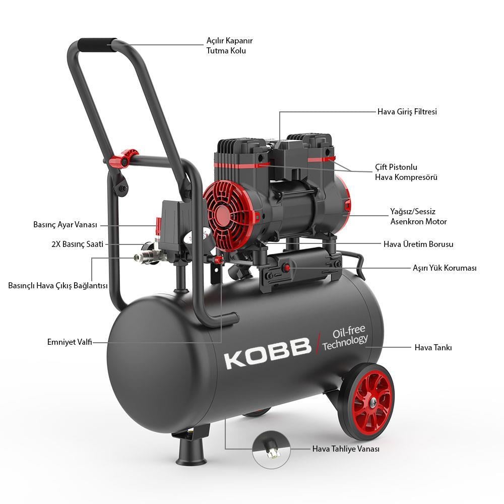 KOBBKOBB KBK25S 1.7HP 25Lt 8Bar Yağsız Sessiz Taşınabilir Hava KompresörüKBK25S