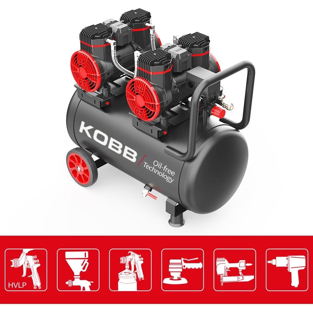 KOBBKOBB KBK50S2 4.0HP 50Lt 8Bar Çift Motorlu Yağsız Sessiz Taşınabilir Hava KompresörüKBK50S2