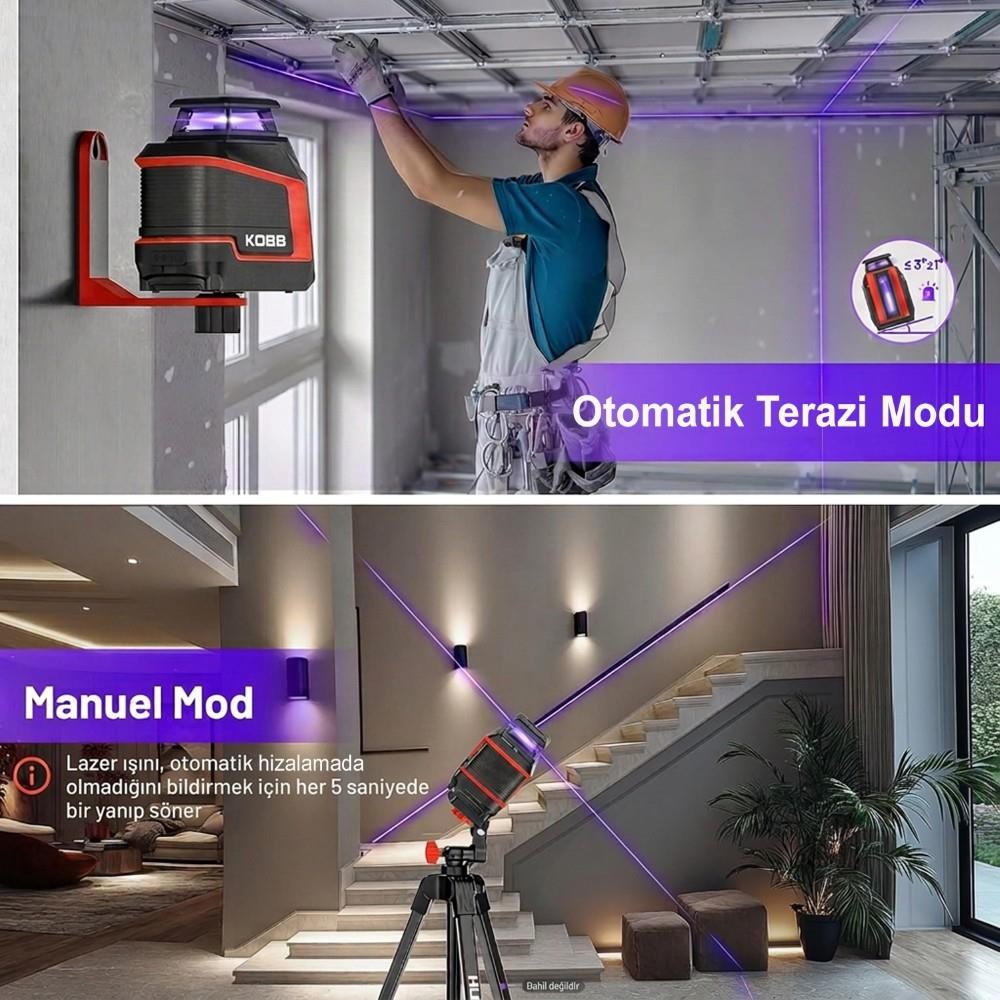 KOBBKOBB KBL30P 3.7V Li-ion Yatay 360° ve Dikey Otomatik Hizalamalı Mor Işık Profesyonel Lazer+TripodKBL30PTP
