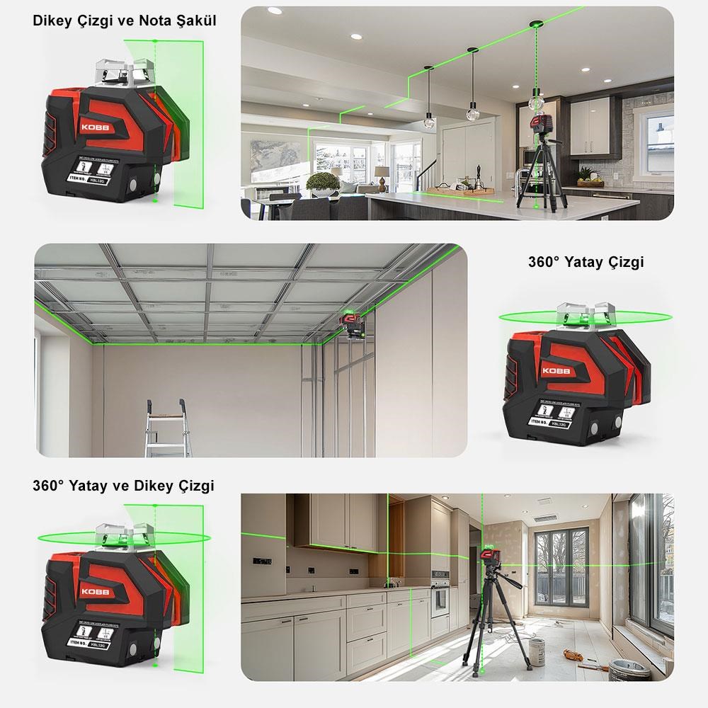 KOBBKOBB KBL32G Profesyonel Li-ion Yatay 360° ve Dikey Otomatik Hizalamalı Yeşil Nokta Şakül ve Yeşil Çapraz Çizgi LazerKBL32G