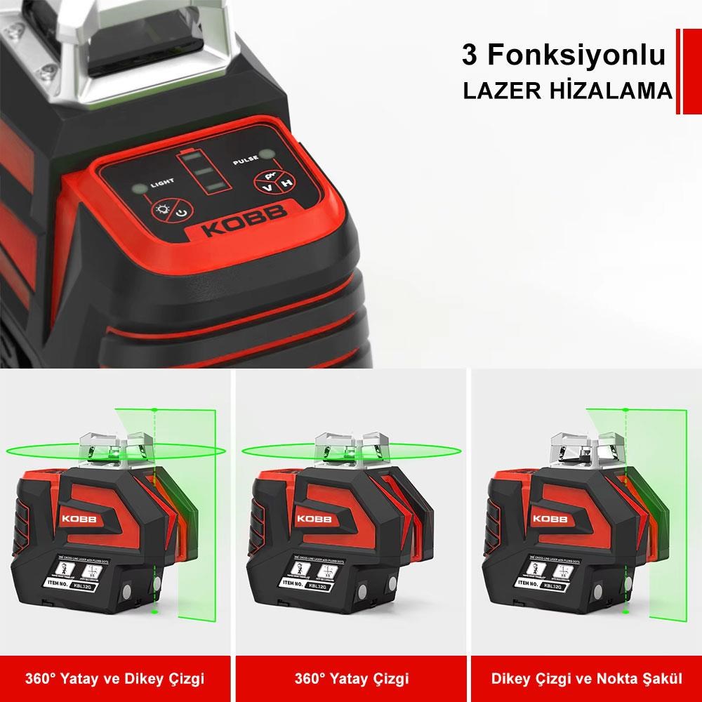 KOBBKOBB KBL32G Profesyonel Li-ion Yatay 360° ve Dikey Otomatik Hizalamalı Yeşil Nokta Şakül ve Yeşil Çapraz Çizgi LazerKBL32G