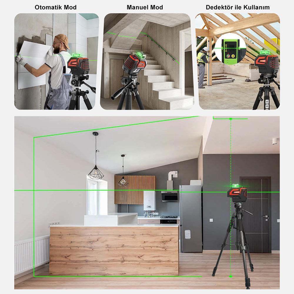 KOBBKOBB KBL32GTP Profesyonel Li-ion Yatay 360° ve Dikey Otomatik Hizalamalı Yeşil Nokta Şakül ve Çapraz Çizgi Lazer+TripodKBL32GTP