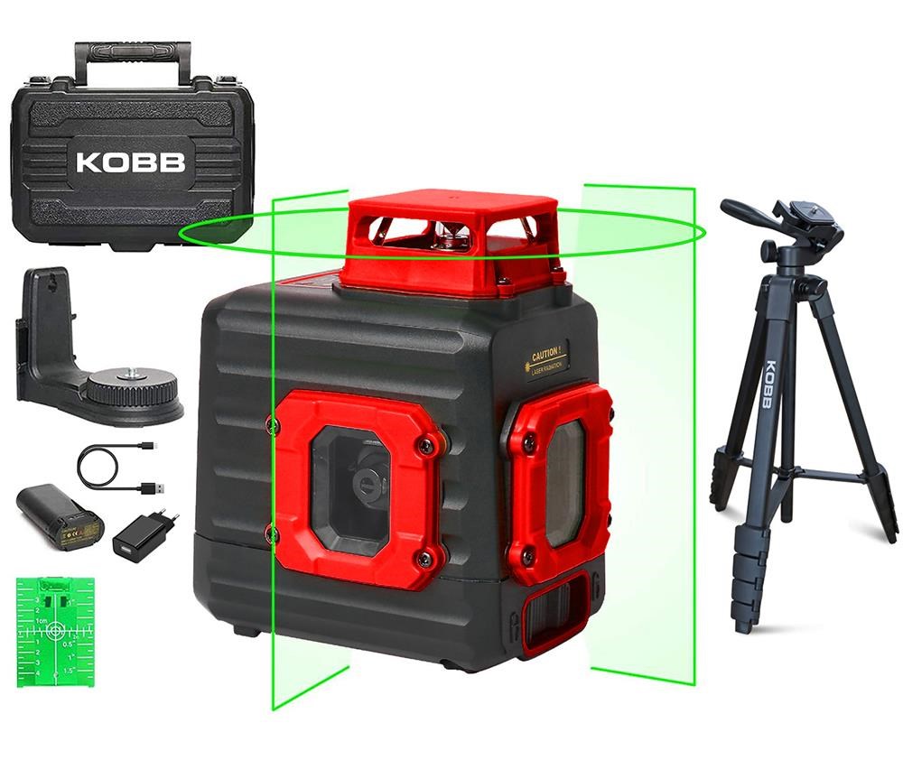 KOBBKOBB KBL33GTP 40M Profesyonel Li-ion Şarjlı 2x90⁰/360⁰ Otomatik Hizalamalı Yeşil Çapraz Çizgi Lazer Distomat+TripodKBL33GTP