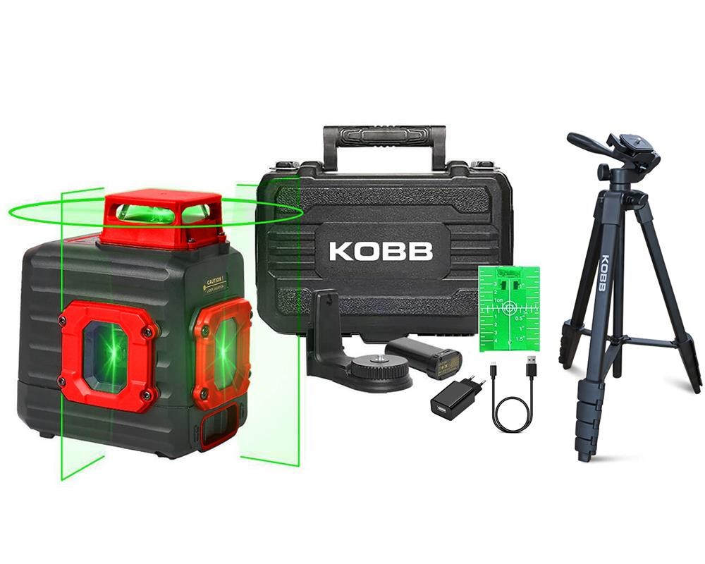 KOBBKOBB KBL33GTP 40M Profesyonel Li-ion Şarjlı 2x90⁰/360⁰ Otomatik Hizalamalı Yeşil Çapraz Çizgi Lazer Distomat+TripodKBL33GTP