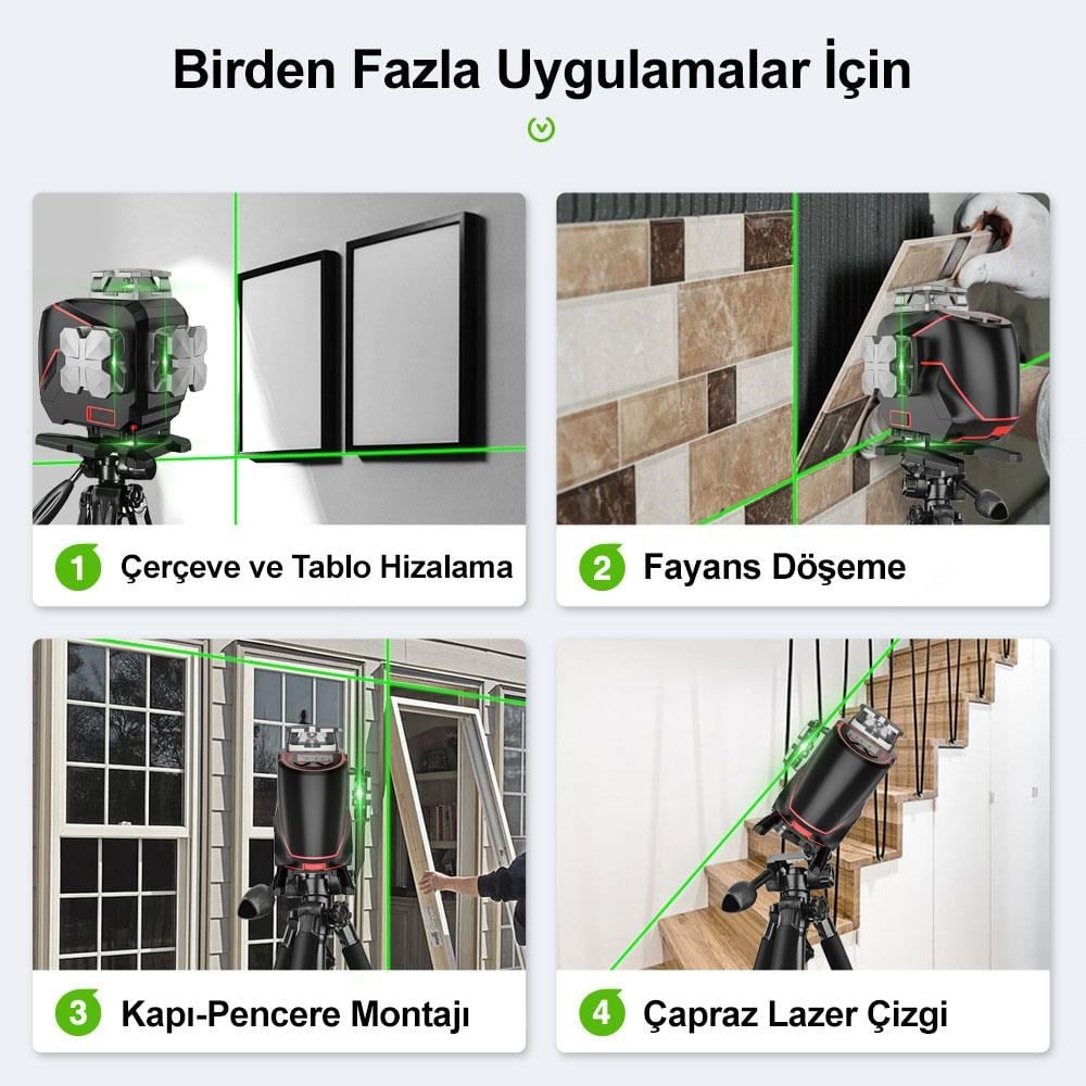 KOBBKOBB KBL36G Profesyonel Li-ion Şarjlı 4X360⁰ LCD Ekran Otomatik Hizalamalı Yeşil Çapraz Çizgi Lazer DistomatKBL36G
