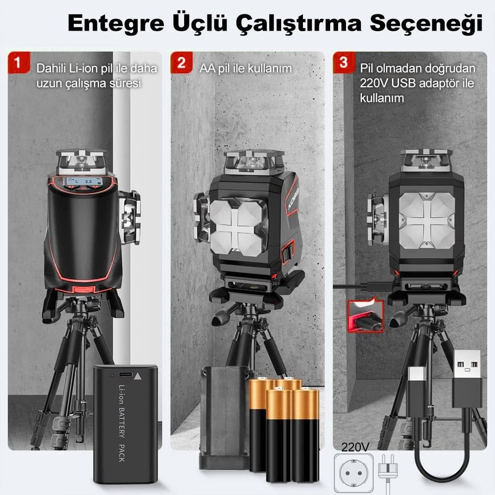KOBBKOBB KBL36G Profesyonel Li-ion Şarjlı 4X360⁰ LCD Ekran Otomatik Hizalamalı Yeşil Çapraz Çizgi Lazer DistomatKBL36G