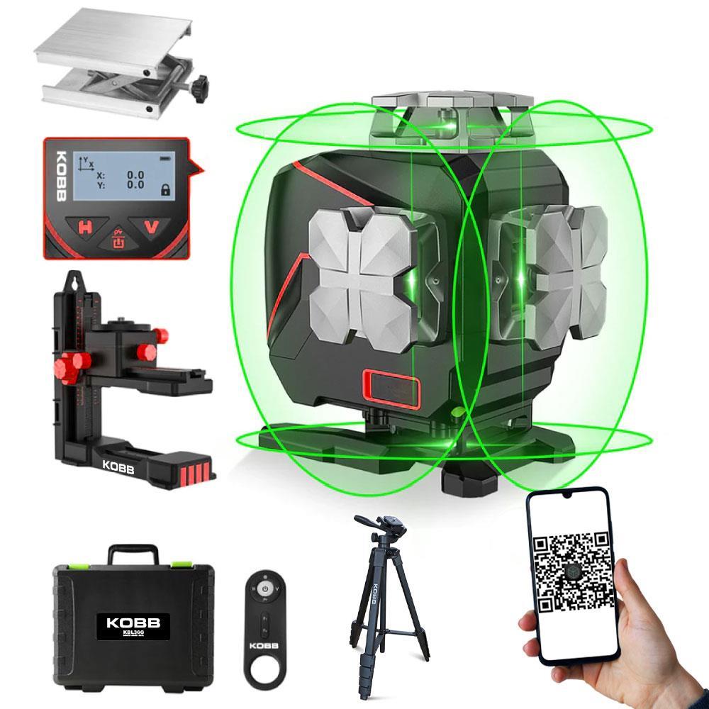 KOBBKOBB KBL36GTP Profesyonel Li-ion Şarjlı 4X360⁰ LCD Ekran Otomatik Hizalamalı Yeşil Çapraz Çizgi Lazer Distomat+TripodKBL36GTP