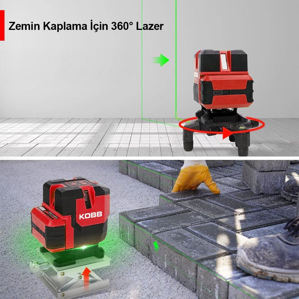 KOBBKOBB KBL41G 30Metre 4x90⁰/1x360⁰ Otomatik Hizalamalı Li-ion Çift Akülü Profesyonel Yeşil Çapraz Çizgi Lazer DistomatKBL41G