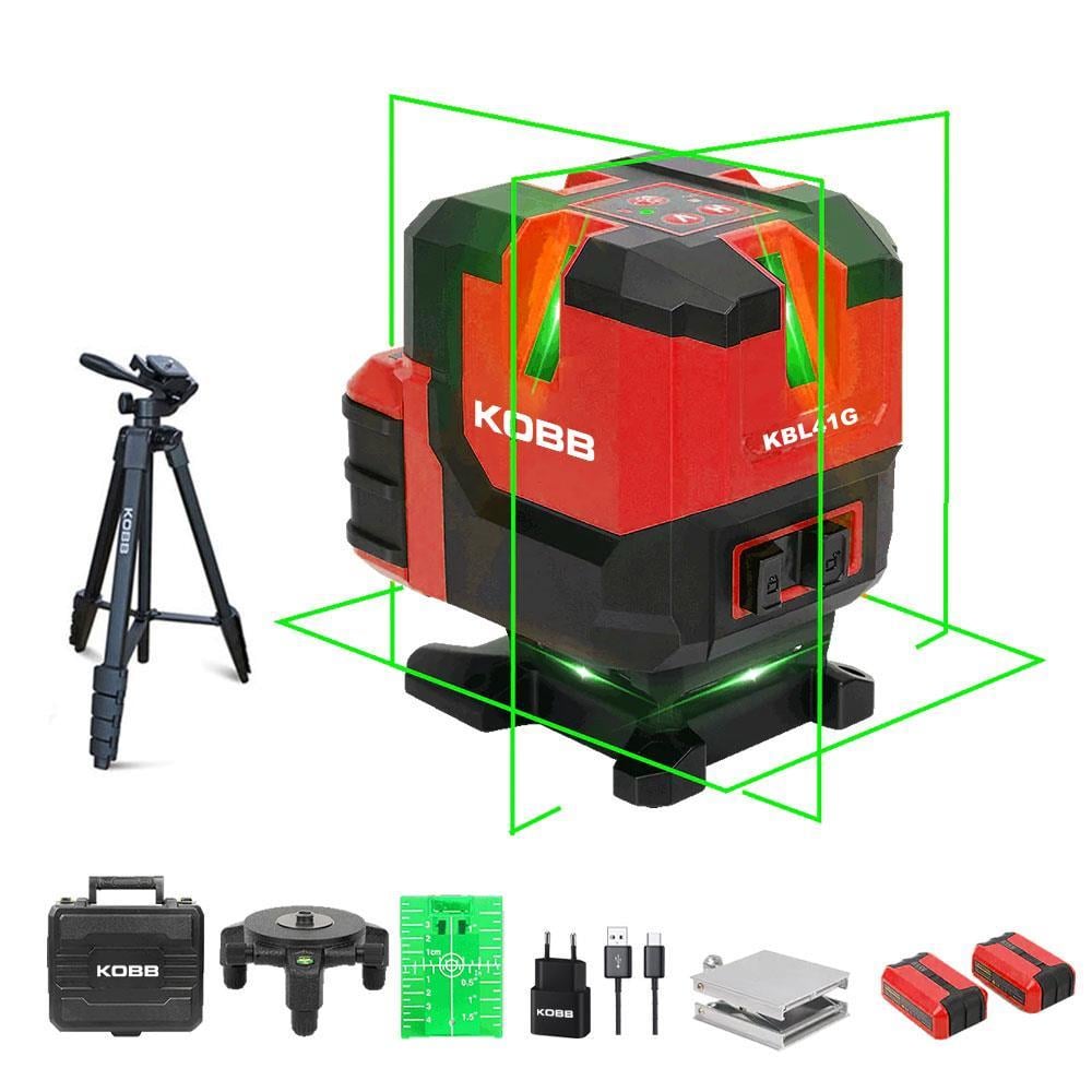 KOBBKOBB KBL41GTP 30M 4x90⁰/1x360⁰ Otomatik Hizalamalı Li-ion Çift Akü Profesyonel Yeşil Çizgi Lazer Distomat + TripodKBL41GTP