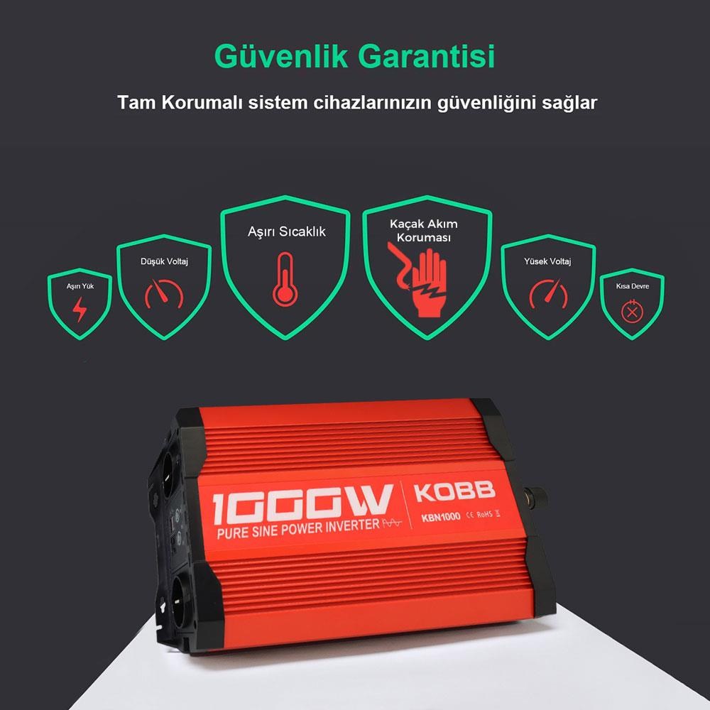 KOBBKOBB KBN1000 12V/220V 1000Watt Tam Sinüs Dönüştürücü İnvertörKBN1000