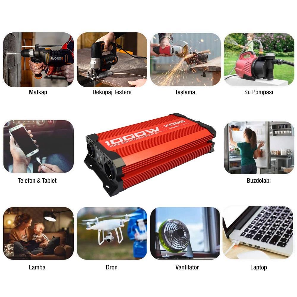 KOBBKOBB KBN1000 12V/220V 1000Watt Tam Sinüs Dönüştürücü İnvertörKBN1000
