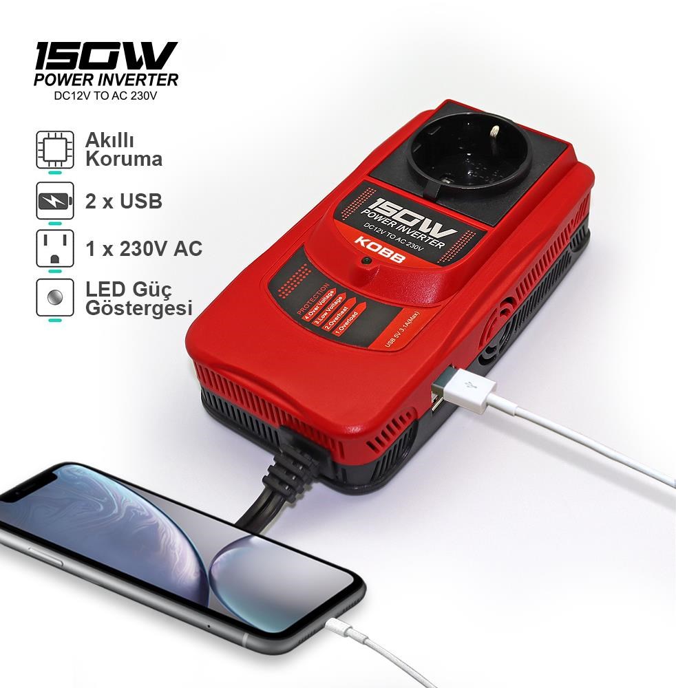 KOBBKOBB KBN150 12V/220V 150Watt Modifiye Sinüs Dönüştürücü İnvertörKBN150