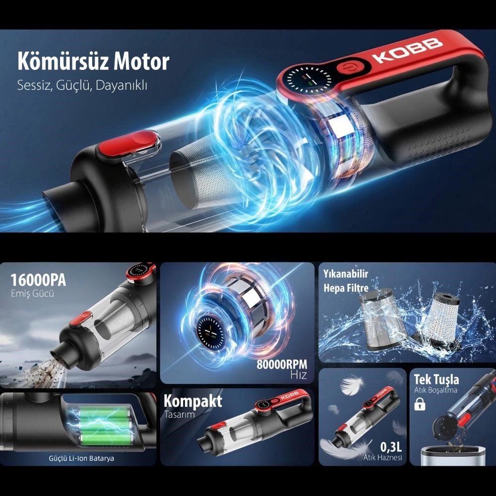 KOBBKOBB KBV20 12Volt/ Li-ion Şarjlı Kömürsüz Motor Hibrit Araç Süpürgesi + 8 Parça Aksesuar Seti + Taşıma ÇantasıKBV20