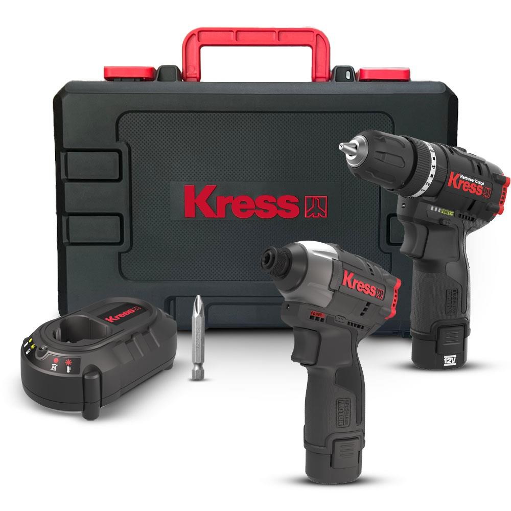 KressKress KUG02 12Volt/2.0Ah. Li-ion Çift Akülü Kömürsüz Profesyonel Darbeli Matkap+Darbeli Tornavida Kombo SetKUG02