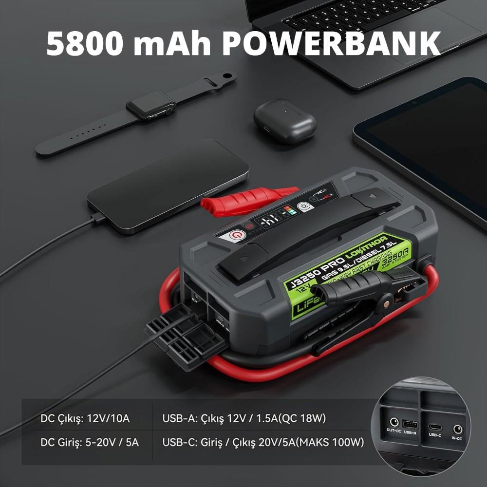 LokithorLokithor J3250PRO 12V 3250Amp LiFePO4 Akıllı Akü Takviye + Powerbank + Led LambaJ3250PRO