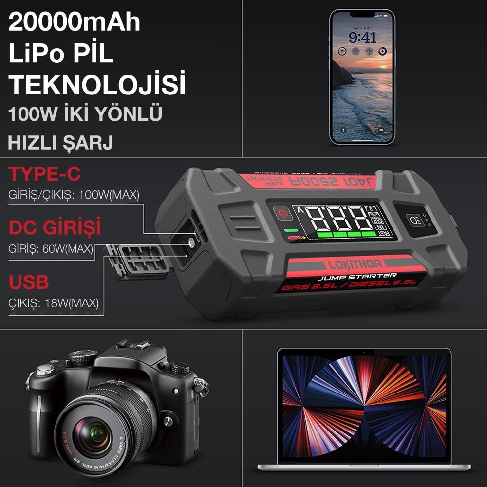 LokithorLOKITHOR J401 12V 2500Amp Li-Polimer Akıllı Akü Takviye + Powerbank + Led LambaJ401