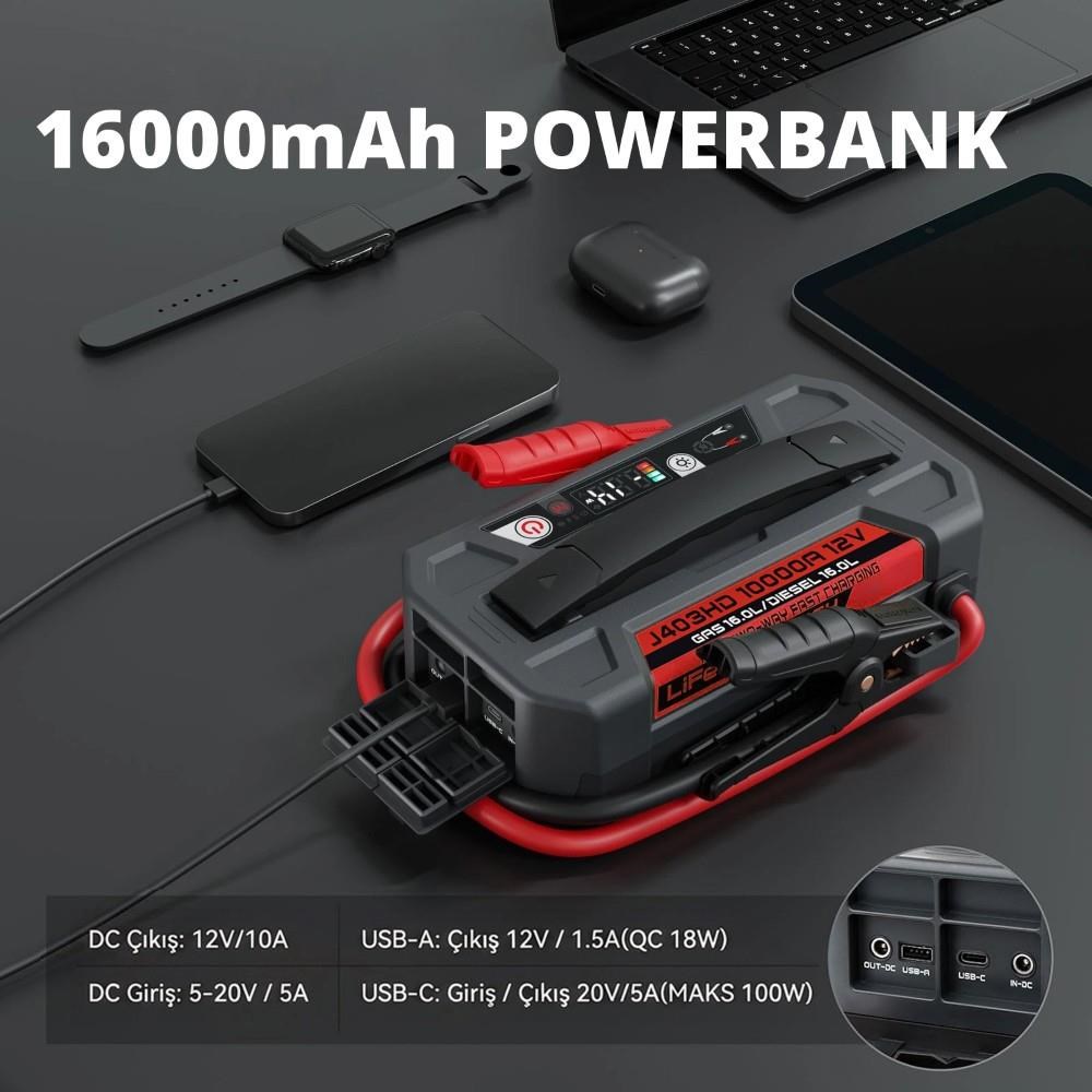 LokithorLokithor J403HD 12V 10.000Amp Li-Polimer Akıllı Akü Takviye + Powerbank + Led LambaJ403HD