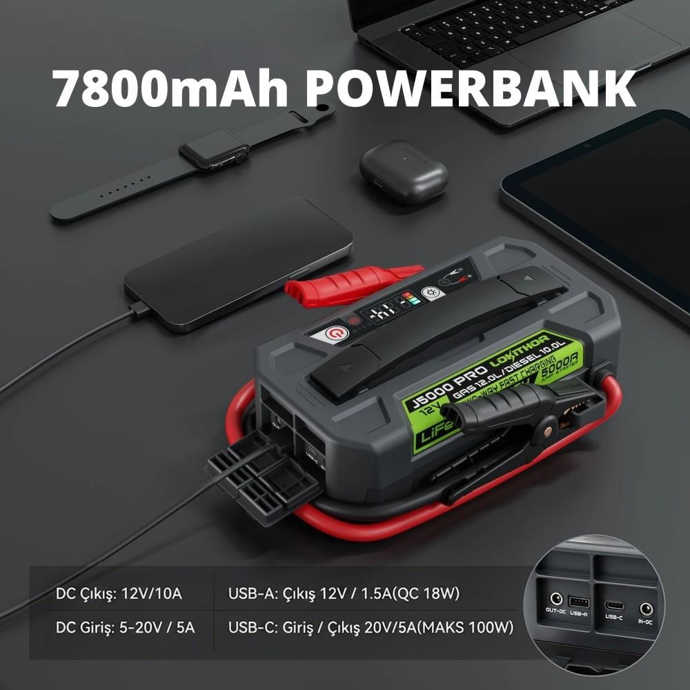 LokithorLokithor J5000PRO 12V 5000Amp LiFePO4 Akıllı Akü Takviye + Powerbank + Led LambaJ5000PRO