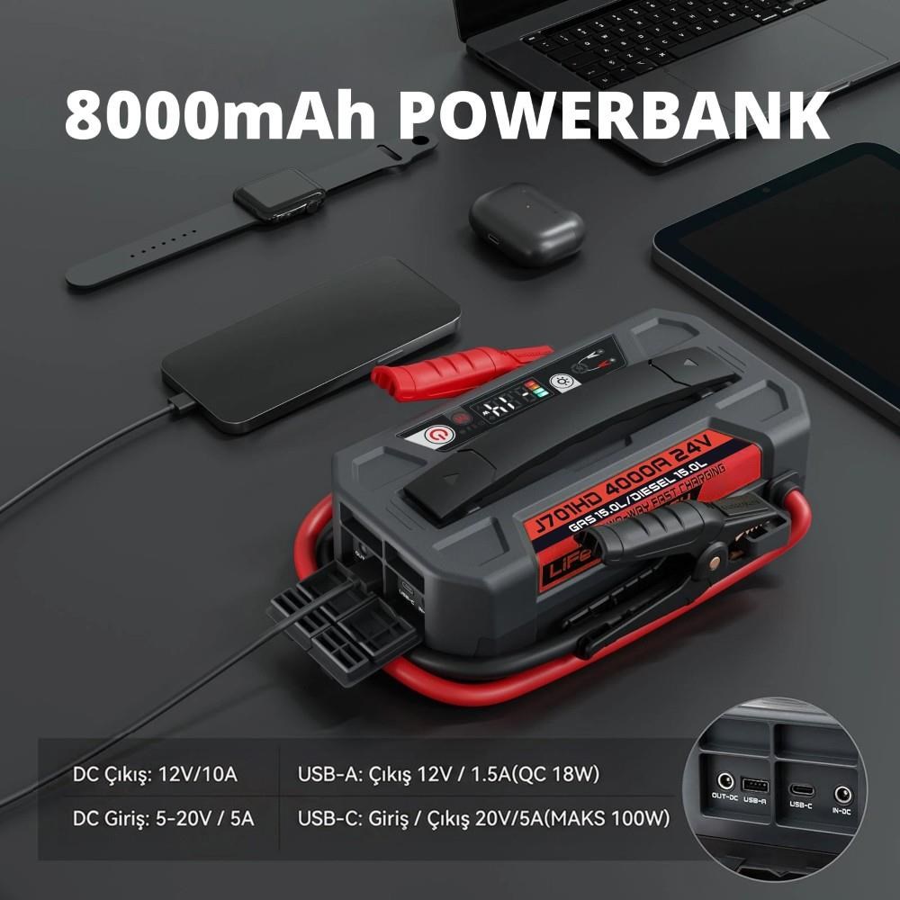 LokithorLokithor J701HD 24V 4000Amp Li-Polimer Akıllı Akü Takviye + Powerbank + Led LambaJ701HD