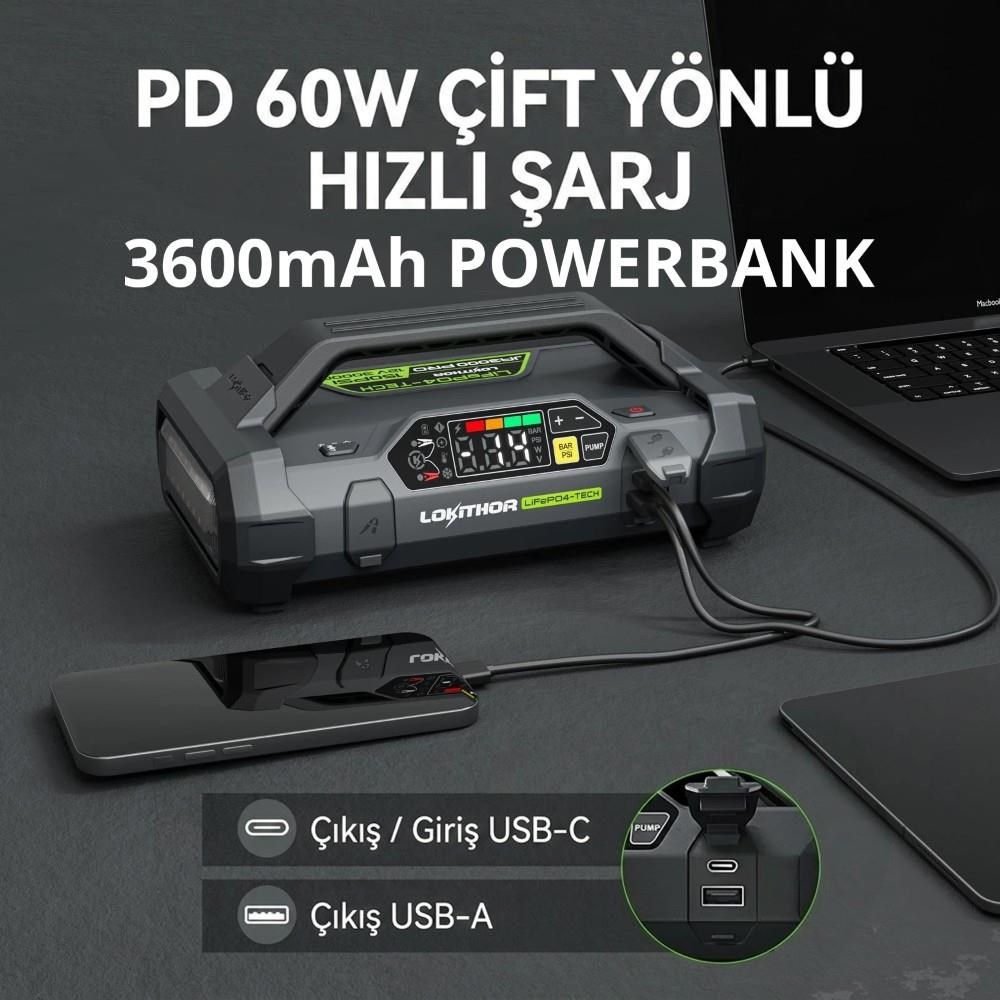 LokithorLokithor JA3000PRO 12V 3000Amp LiFePO4 Akıllı Akü Takviye + Pompa + Powerbank + Led LambaJA3000PRO
