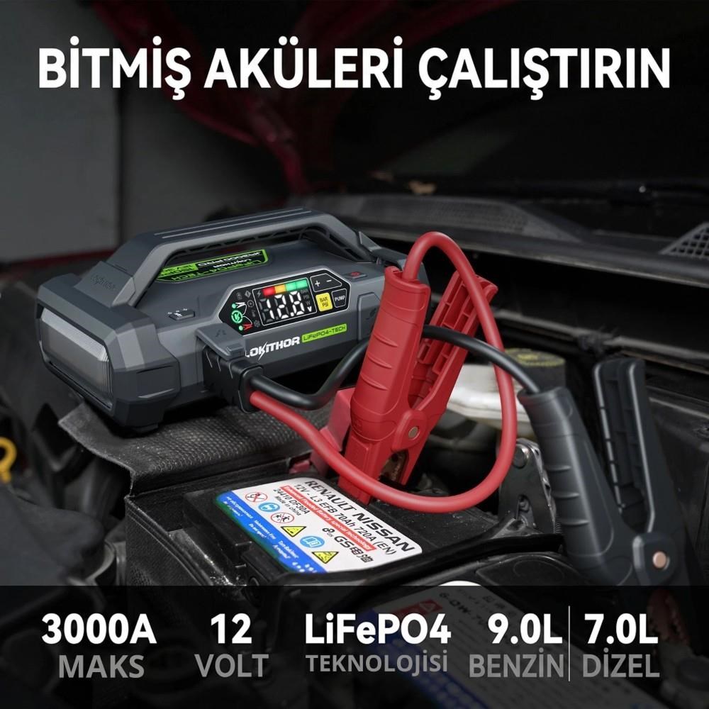 LokithorLokithor JA3000PRO 12V 3000Amp LiFePO4 Akıllı Akü Takviye + Pompa + Powerbank + Led LambaJA3000PRO