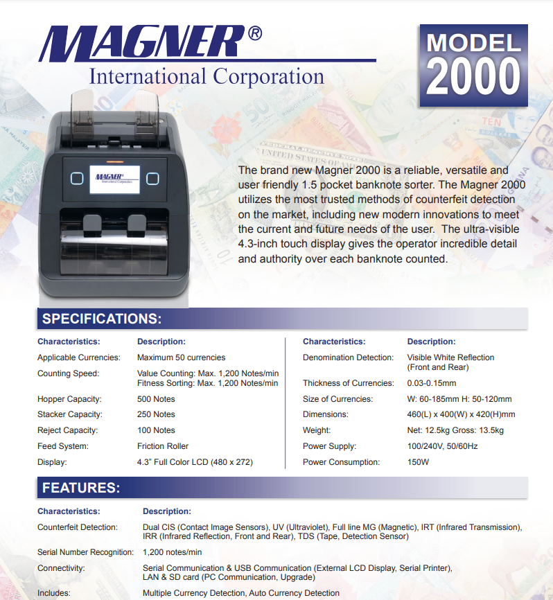 MagnerMagner 2000V Banknot Sayma Tanıma ve Tasnif Makinası  47 Ülke ParasıMG-2000