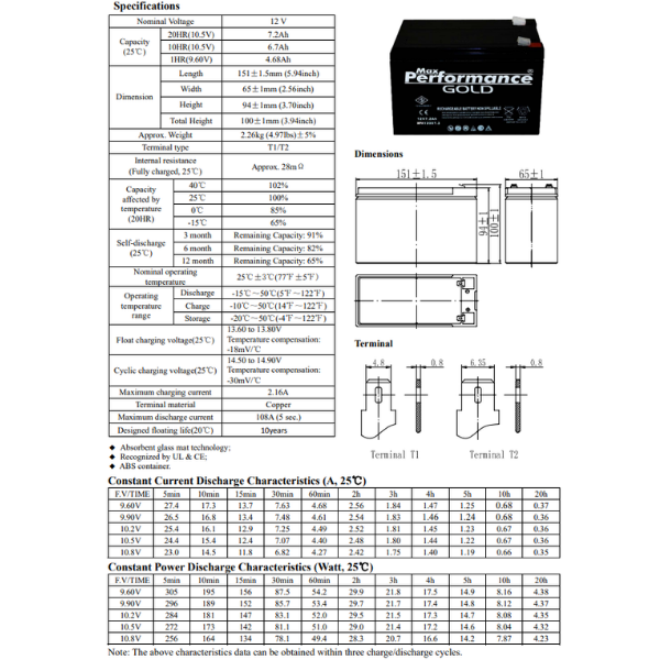Max Performance GoldMax Performance Gold 12V 7.2Ah Bakımsız Kuru Akü - Ups AküsüGold12-7.2-UPS