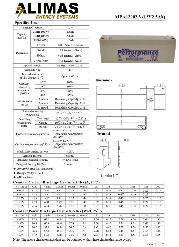 Max Performance GoldMax Performance Gold MPA12002.3 Max Performance Gold MPA12002.3 (12V2.3Ah) AküMPA12002.3