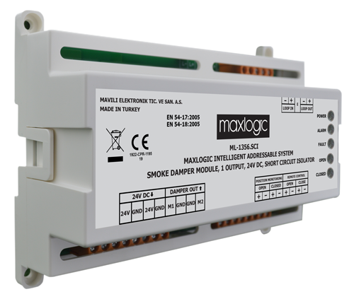 MaxlogicMaxlogic ML-1356.SCI Akıllı Adresli Duman Damper Modülü, 1 Çıkışlı, 24V DC Kısa Devre İzolatörlüML-1356.SCI