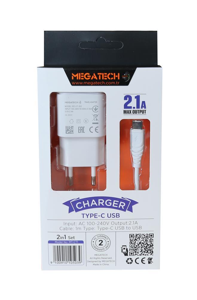 MEGATECHMegatech MT-Ct1 2.1a  2ın1 Typc-e Ev Şarj+Type-c Kablo9100910105039