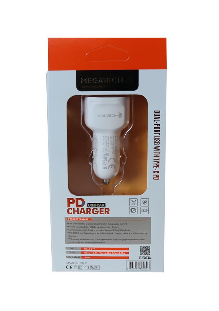 MEGATECHMegatech T-05M40 Beyaz  40W PD-USB Araç Çakmaklık Şarj Başlığı Hızlı Şarj9100910109006