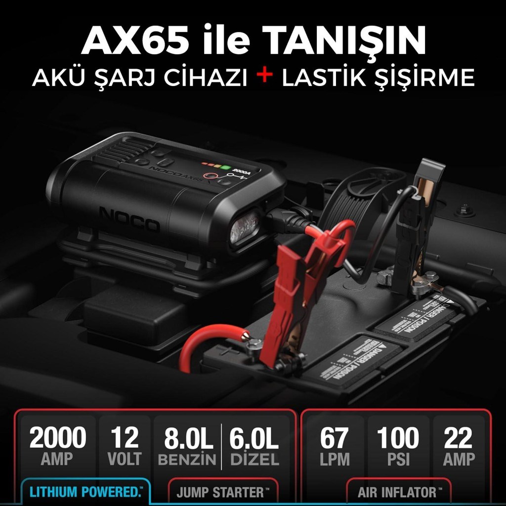 NOCONOCO AX65 12V Lityum 2000Amp Akıllı Akü Takviye + Pompa + Powerbank + Led LambaAX65