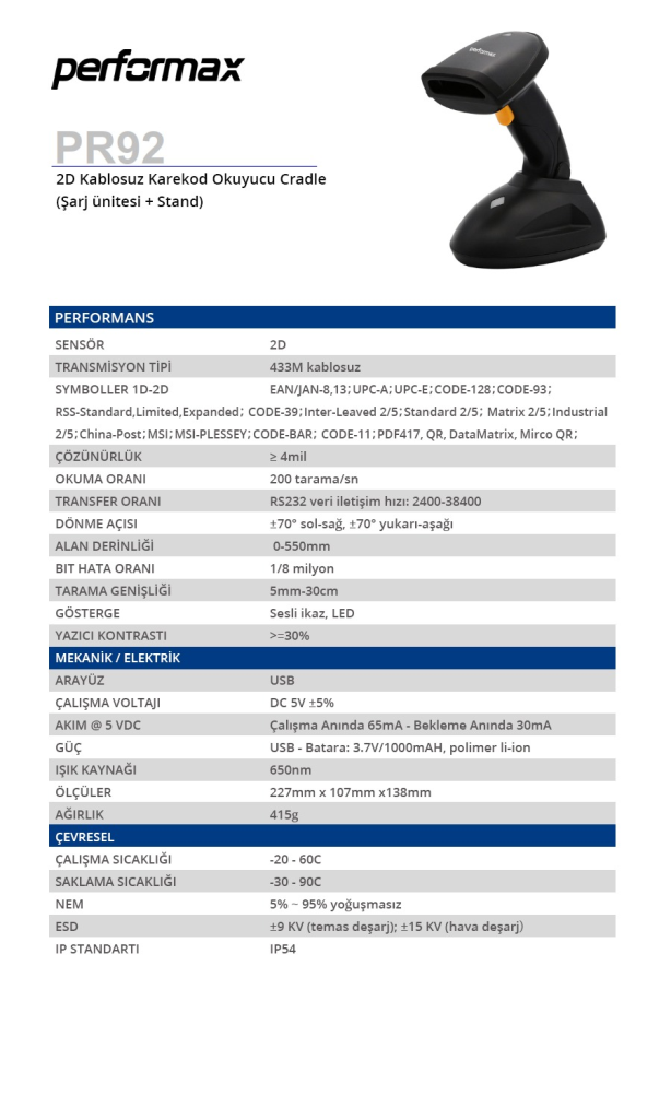 PERFORMAXPerformax PR92 2D Usb Wifi Kablosuz Karekod Barkod OkuyucuPR92